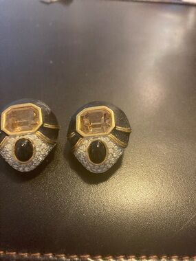 Gold-Tone Black and Amber Statement Clip Earrings